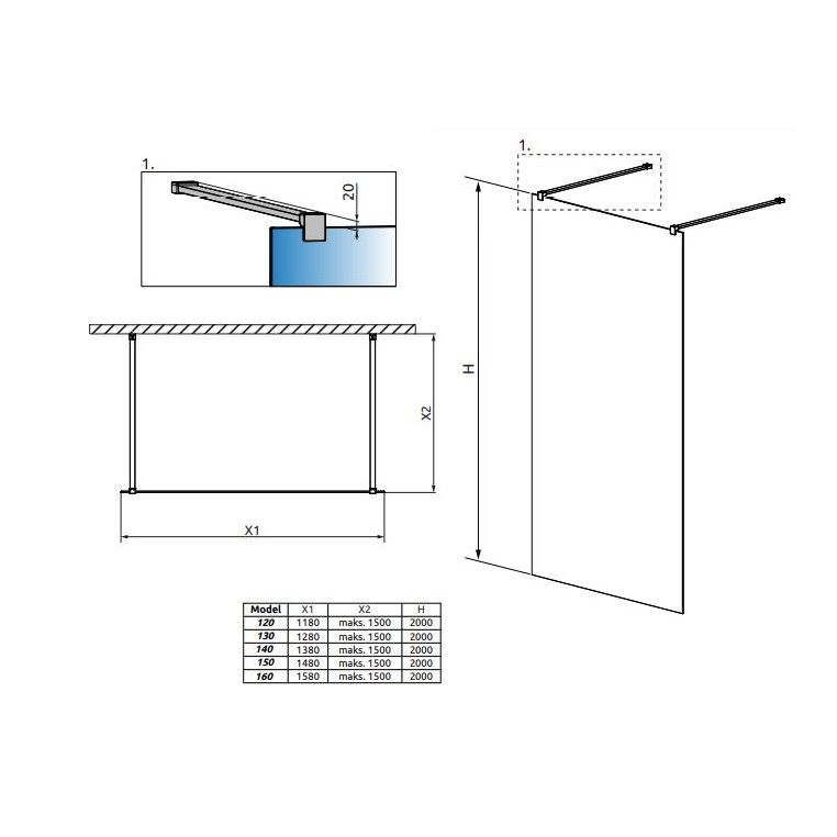 Пристенная душевая перегородка Walk-in Radaway Modo New I схема 2