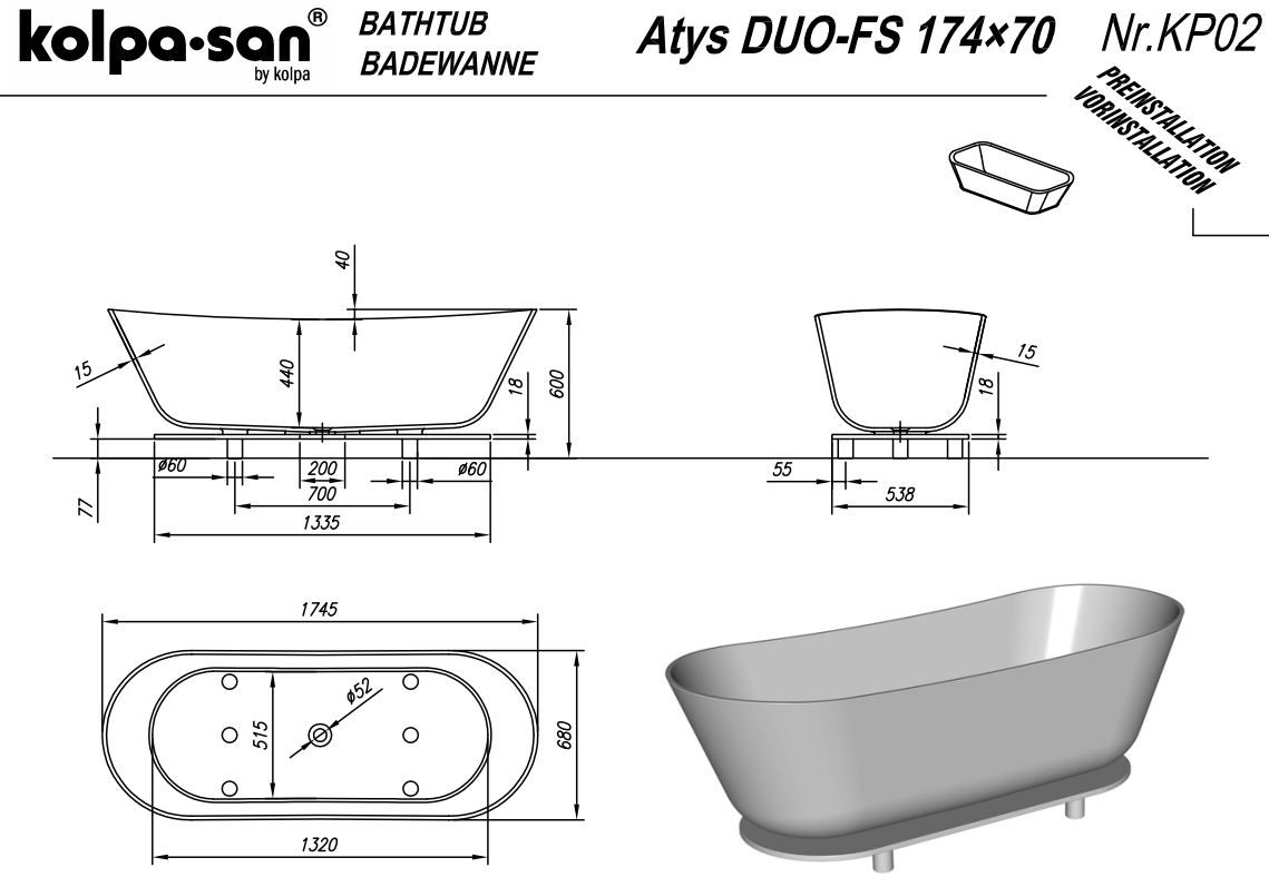 Отдельностоящая ванна Kolpa San Atys Duo FS (Атис Дуо ФС) 174x70 схема 1