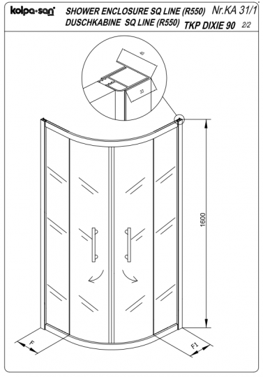 Душевая кабина Kolpa San SQ LINE TKP 90х90 с высоким поддоном и белым профилем схема 2