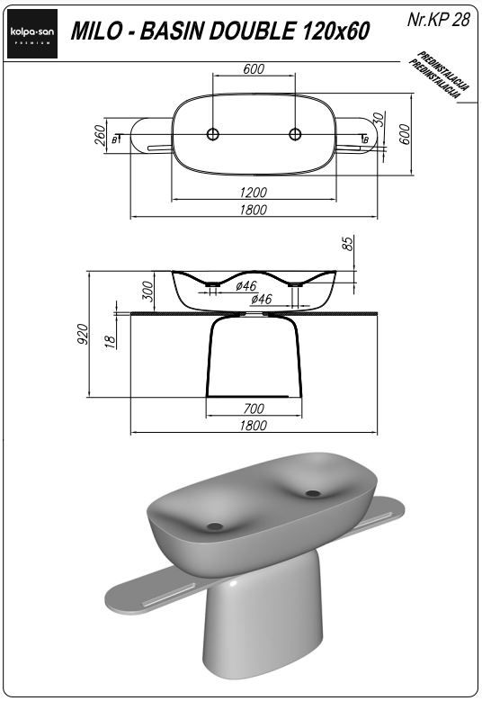 Двойная раковина Kolpa San MILO BASIN DOUBLE (Мило) 120х60 ФОТО