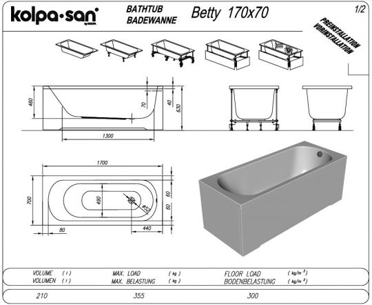 Гидромассажная акриловая ванна Kolpa San Betty (Бэтти) 170x70 ФОТО