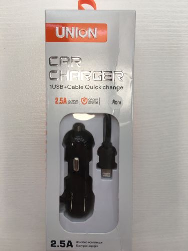 Автомобильный блок питания 2.5A UNION 889 1USB + кабель iPhone 5