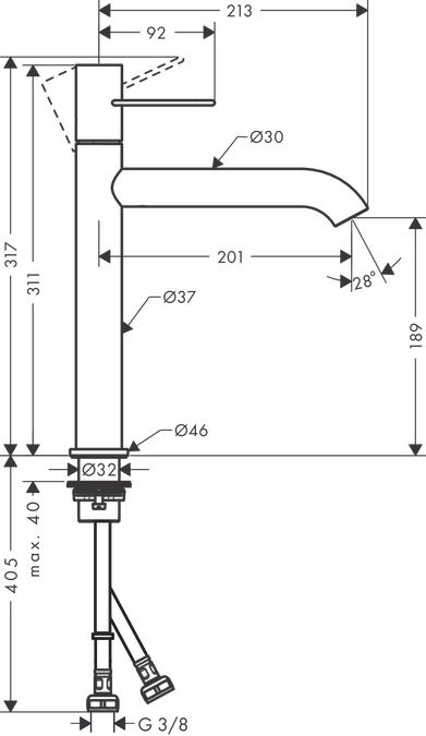 Смеситель Hansgrohe AXOR Uno для раковины 38032000 схема 1