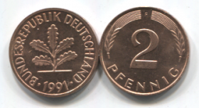 Германия 2 пфеннига 1991 UNC