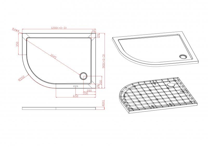 Полукруглый душевой поддон ассиметричный Cezares TRAY-M-RH 120х90 схема 2