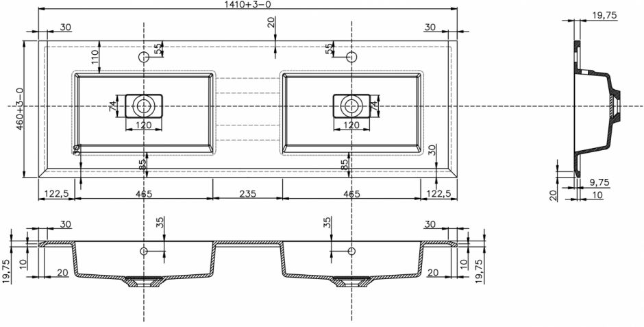 Раковина из искусственного мрамора Cezares 50215 с двумя чашами 141х46 ФОТО