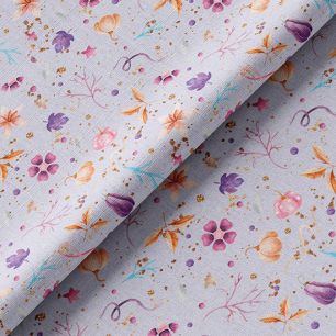 Ткань хлопок для шитья кукол Е.Кононова цветочки и тыковки на светло-сером limit 177