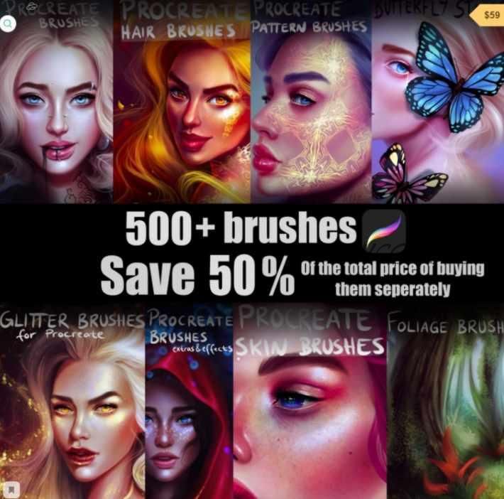 500+ кистей для Procreate/Mega Value Brush Pack for Procreate (Sandra Winther Art)