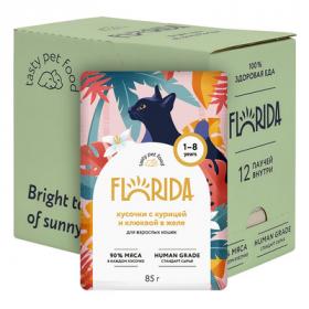 Влажный корм для кошек Florida кусочки в желе с курицей и клюквой "Упаковка 12 шт"