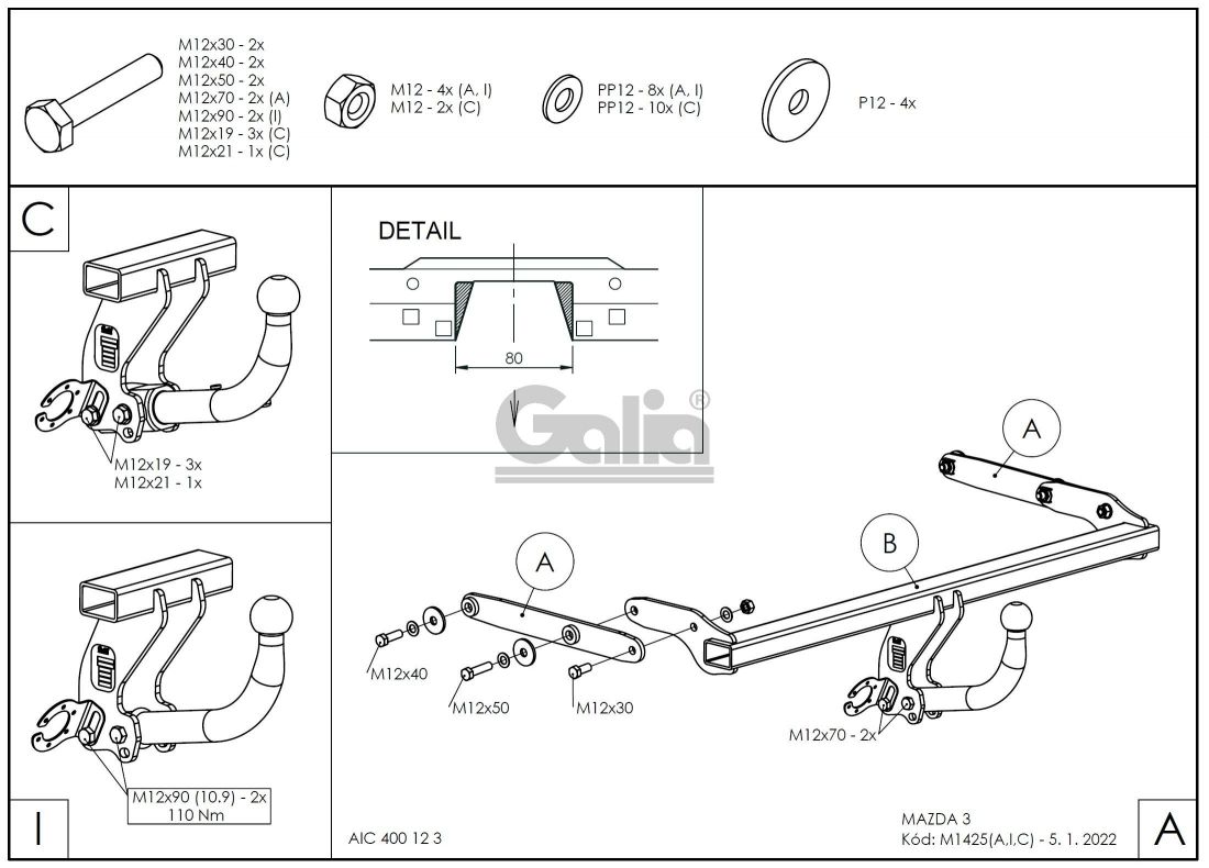 Фаркоп Galia (оцинкованный) Mazda 3 хетчбек 2019- условно-съемное крепление шара