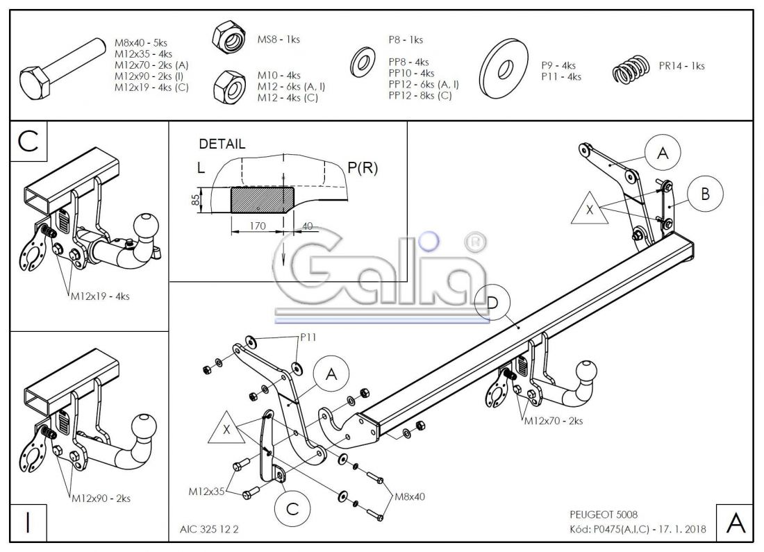 Фаркоп Galia (оцинкованный) Peugeot 5008 2017- быстросъемное крепление шара
