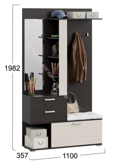 Вешалка комбинированная с крючками и зеркалом «Эрика» (Венге цаво/Дуб молочный)