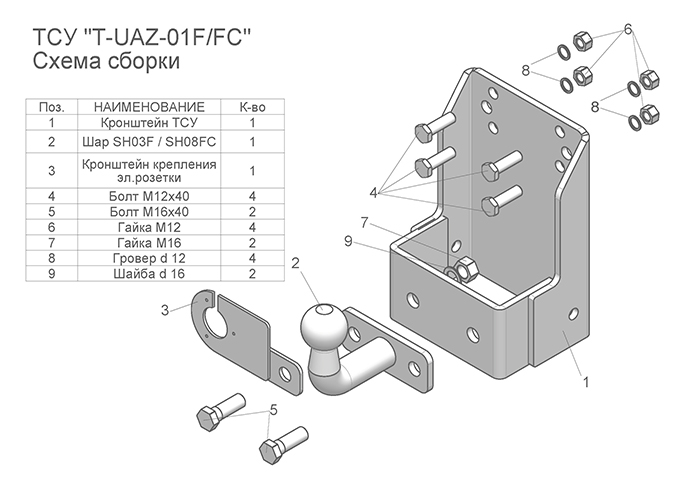 Фаркоп TAVIALS со съемным шаром для УАЗ Hunter, 469, 3151, 31512, 31519
