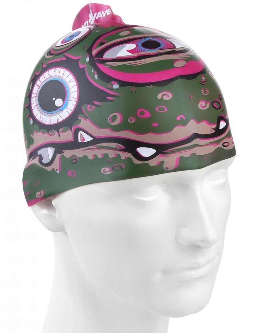 Шапочка для плавания силиконовая Mad Wave Printed Junior with fin MONSRTA
