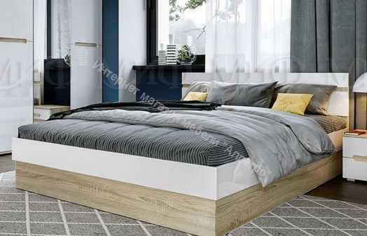 Кровать Ким с ПМ 1600 мм Белый глянец, Дуб Сонома
