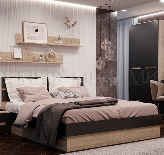 Кровать Ким 1600 мм Графит Софт, Дуб Сонома