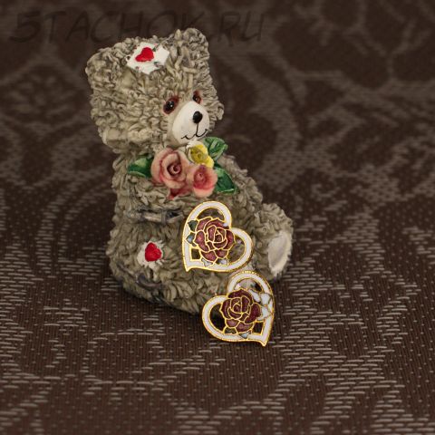 Серьги "Розочки-сердечки" клуазоне (Тайвань/Китай)