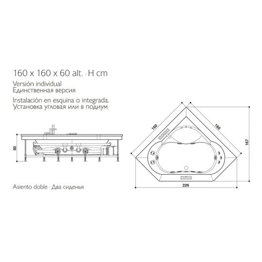 Гидромассажная угловая ванна Jacuzzi Aura Corner 160x160 Wood схема 2