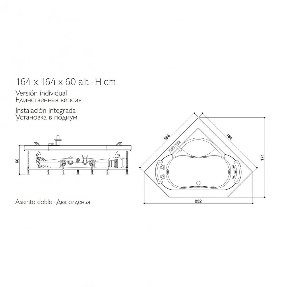 Гидромассажная угловая ванна Jacuzzi Aura Corner 160 Corian встраиваемая 164x164 схема 2