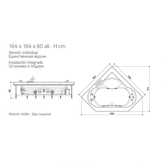 Гидромассажная угловая ванна Jacuzzi Aura Corner 160 Corian встраиваемая 164x164 ФОТО