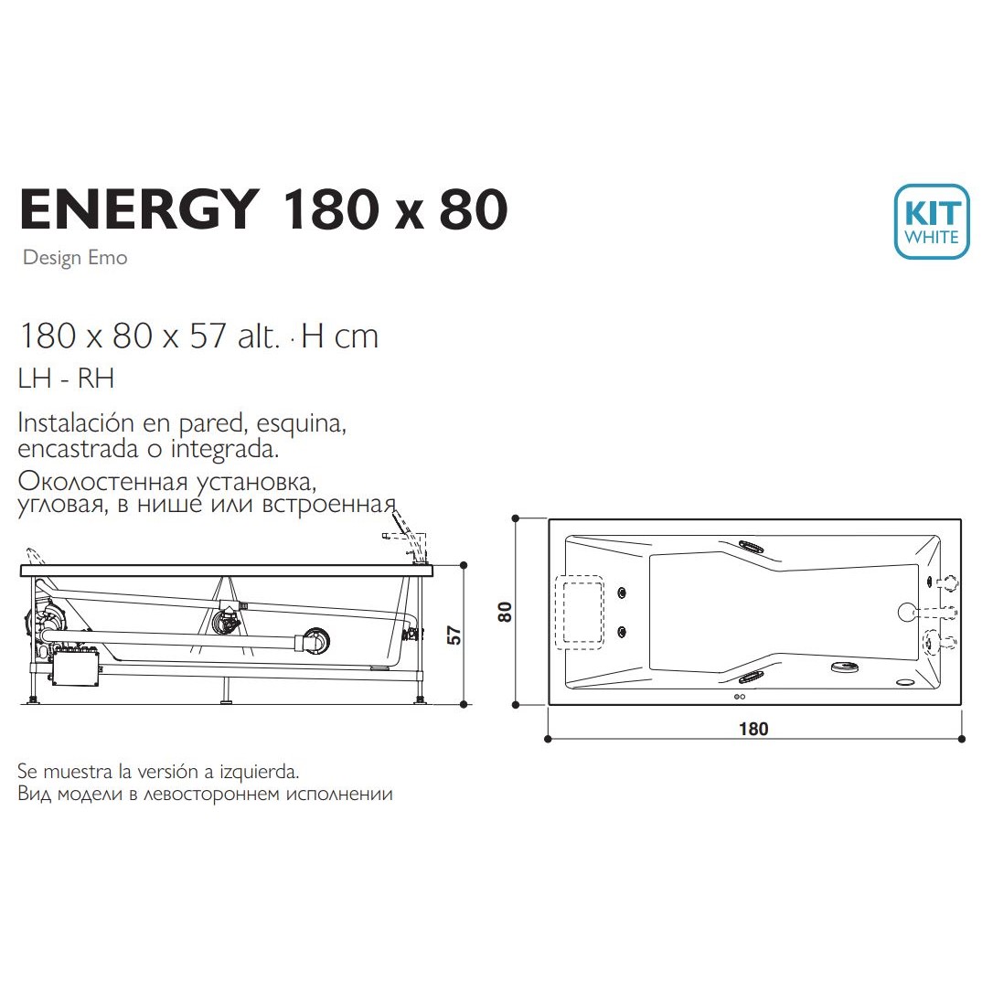 Гидромассажная ванна Jacuzzi Energy 180x80 универсального монтажа схема 2