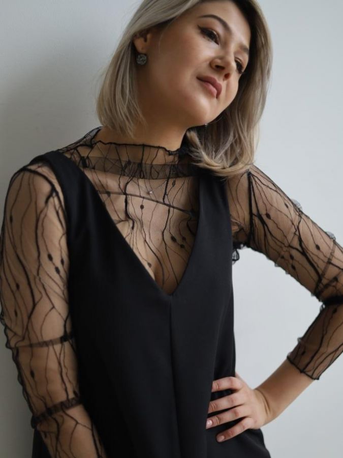 Лонгслив сетка черная с листочками