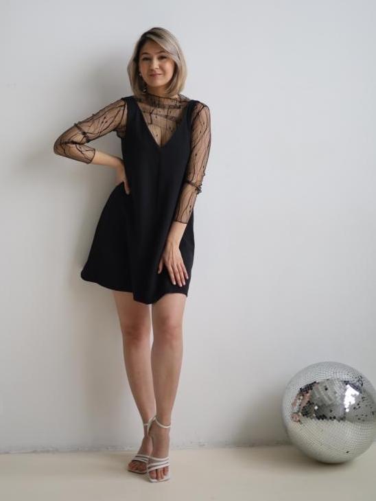 Лонгслив сетка черная с листочками