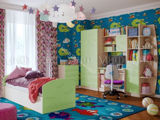 Кровать "Юниор-2" 2,0*0,8 м Салатовый, Дуб беленый