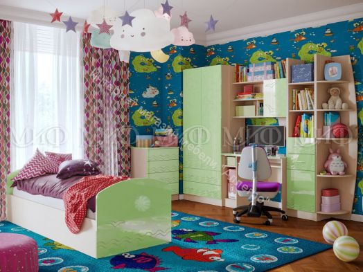 Комод "Юниор-2" Салатовый металлик, Дуб беленый