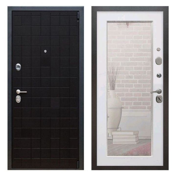 Дверь входная Great Doors Х12 Тетрис Ясень Черный Зеркало 18 Белый Ясень