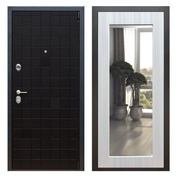 Дверь входная Great Doors Х12 Тетрис Ясень Черный Зеркало 18 Сандал Светлый