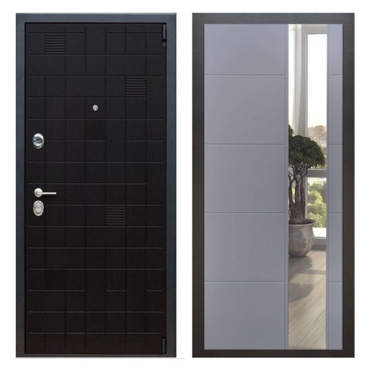 Дверь входная Great Doors Х12 Тетрис Ясень Черный Зеркало ЛФЛС-19 Софт Грей