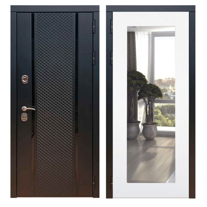 Дверь входная Great Doors Х25 Черный кварц Зеркало 18 Белый Софт