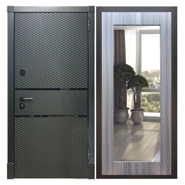 Дверь входная металлическая Great Doors Х15 Черный Кварц Зеркало 18 Сандал Серый