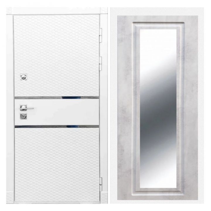 Дверь входная Great Doors Х15 Белый Софт Зеркало Мини ФЛЗ-120 Бетон Светлый