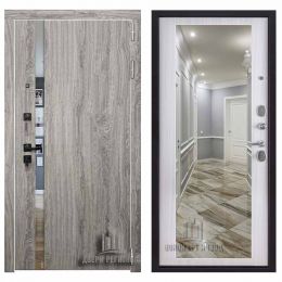 Дверь входная Двери Регионов TESLA Дуб Мелфорд грей Сандал Белый Зеркало