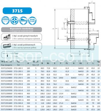 Патрон токарный 3715-250/6 Бизон-Биал Польша  DIN 55026 сквозное крепление