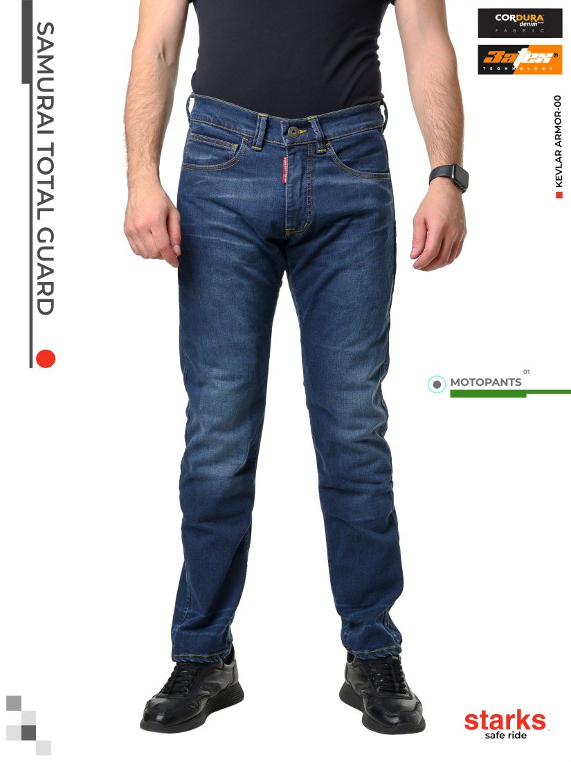 EF56 Мотоджинсы SAMURAI TOTAL GUARD , муж., Comfort fit, Cordura Denim стрейч, Синий, Enzim wash