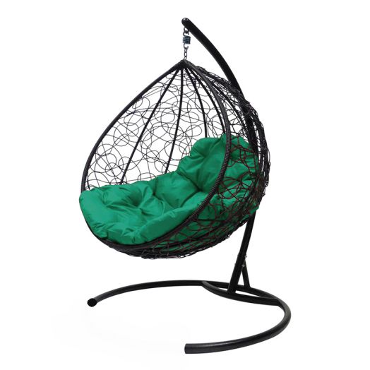 МГККР-14-04 Подвесное кресло КАПЛЯ с ротангом чёрное, зелёная подушка