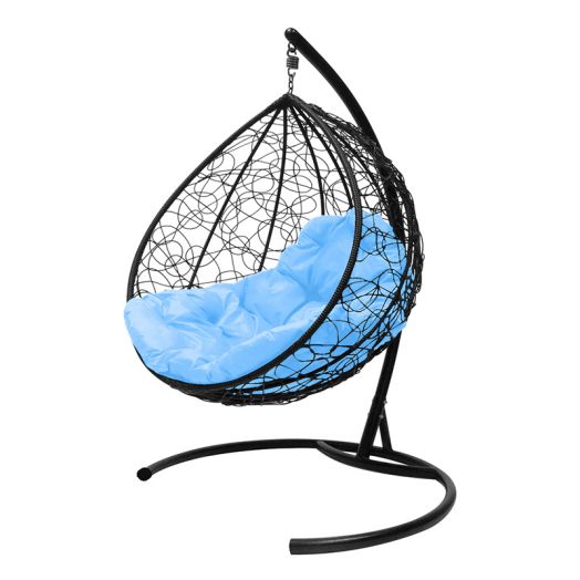 МГККР-14-03 Подвесное кресло КАПЛЯ с ротангом чёрное, голубая подушка
