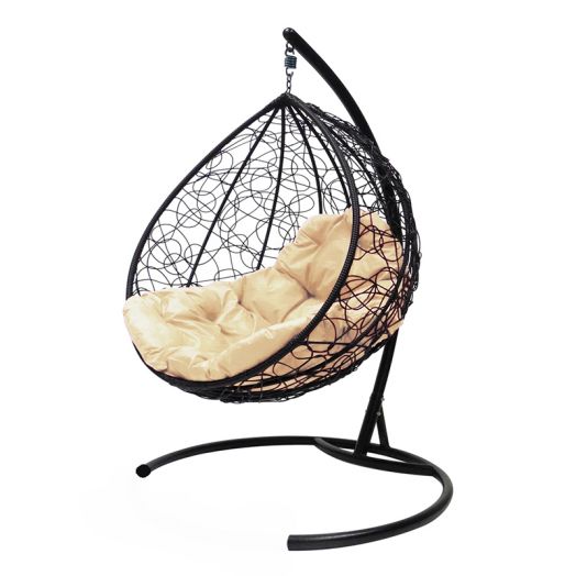 МГККР-14-01 Подвесное кресло КАПЛЯ с ротангом чёрное, бежевая подушка