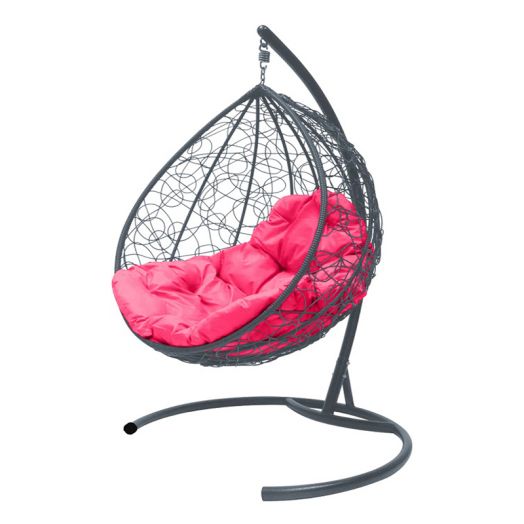 МГККР-13-08 Подвесное кресло КАПЛЯ с ротангом серое, розовая подушка