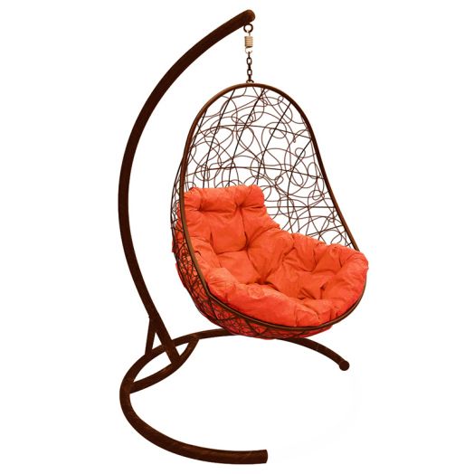 МГКОР-12-07 Подвесное кресло ОВАЛ с ротангом коричневое, оранжевая подушка