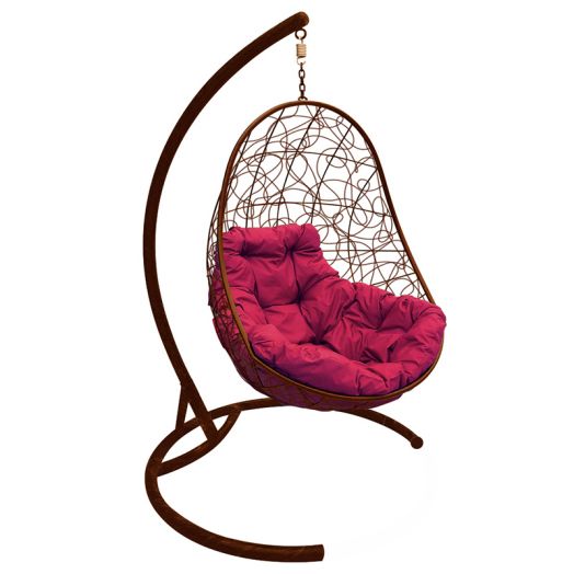 МГКОР-12-02 Подвесное кресло ОВАЛ с ротангом коричневое, бордовая подушка