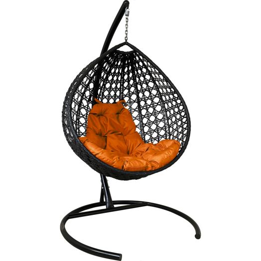 МГККЛР-14-07 Подвесное кресло КАПЛЯ ЛЮКС с ротангом чёрное, оранжевая подушка