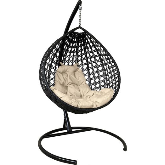 МГККЛР-14-01 Подвесное кресло КАПЛЯ ЛЮКС с ротангом чёрное, бежевая подушка