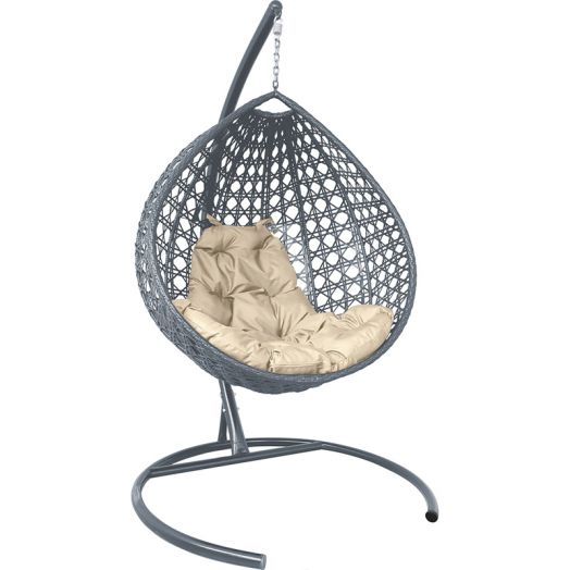 МГККЛР-13-01 Подвесное кресло КАПЛЯ ЛЮКС с ротангом серое, бежевая подушка