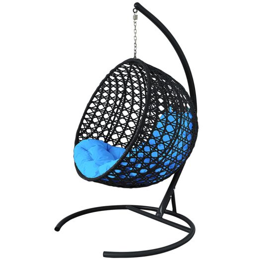 МГКШЛР-14-03 Подвесное кресло КРУГ ЛЮКС с ротангом чёрное, голубая подушка