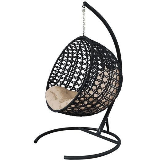 МГКШЛР-14-01 Подвесное кресло КРУГ ЛЮКС с ротангом чёрное, бежевая подушка