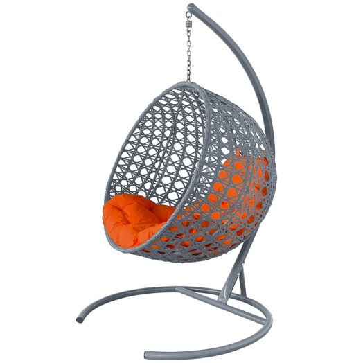 МГКШЛР-13-07 Подвесное кресло КРУГ ЛЮКС с ротангом серое, оранжевая подушка
